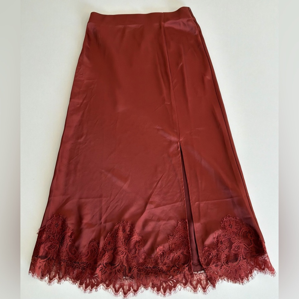 Skies Are Blue Satin Midi Skirt Lace Hem Rust Red Size S Slip Silky - Picture 4 of 7